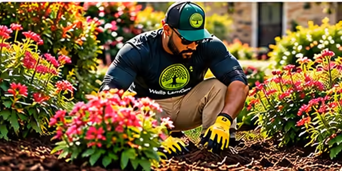 Wells Landcare professional working in a flower bed